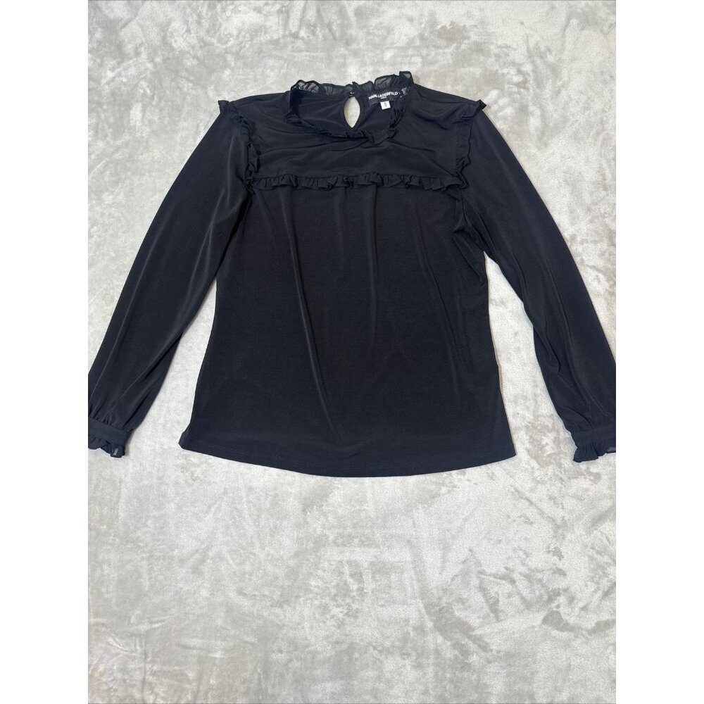 Women’s Karl Lagerfeld Blouse Ruffled Lined Black Size Small - Picture 1 of 12